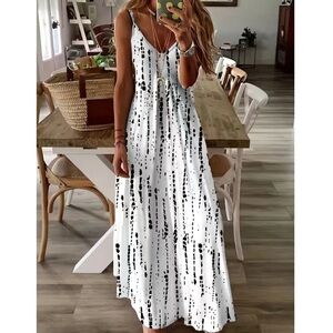 Women’s White Sleeveless Loose V Neck Maxi Dress Long Summer Sundress Large Nwt